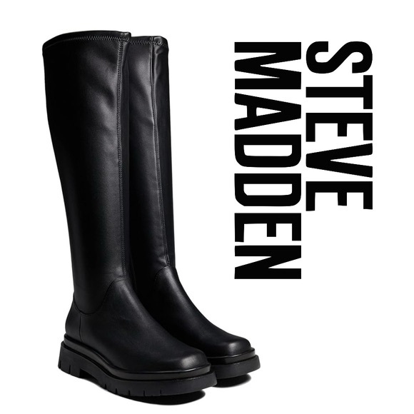 Steve Madden Lucci Stretchy Black PU Leather Lug Sole Knee-High Boots sz 9.5